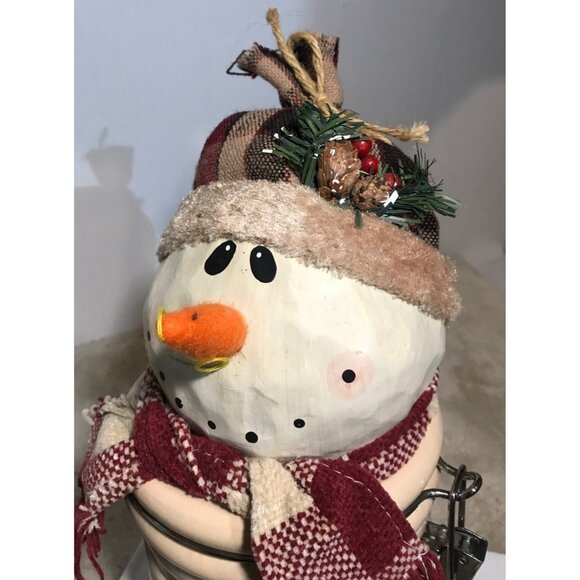 Snowman Cookie Jar Cannister Ceramic  Hinged Fabric Hat & Scarf 11" Tall - Picture 4 of 16